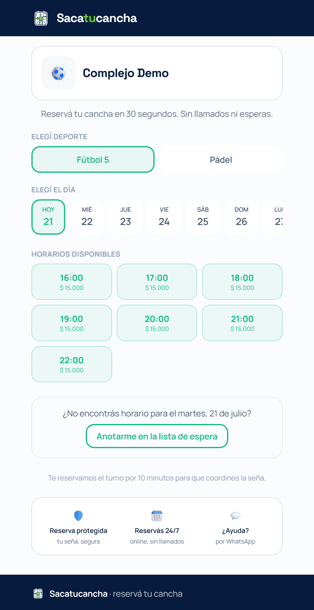 El link público de reservas de Sacatucancha en un celular: elegir deporte, día y horario con el precio de cada turno